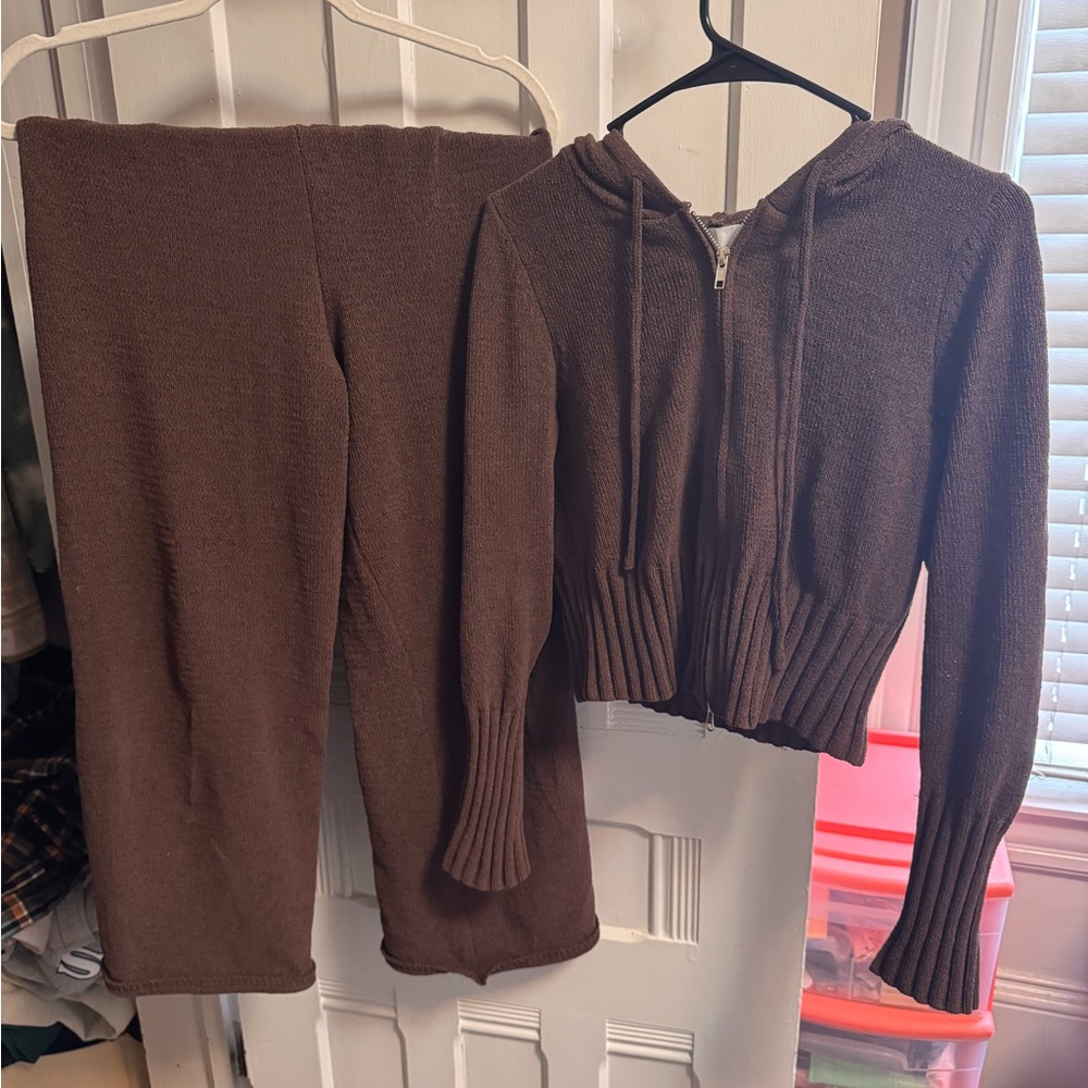 Pink Rose Brown Knit Pants and Hoodie Set